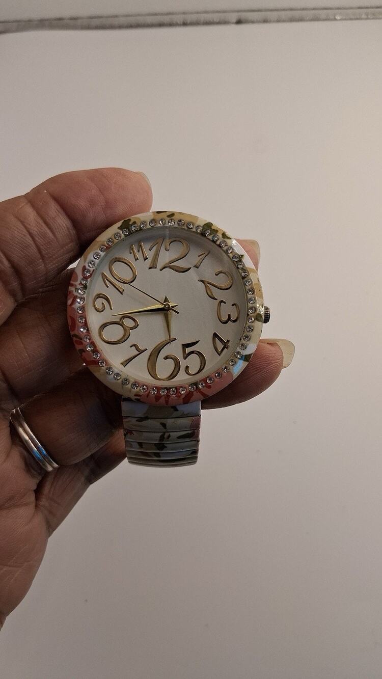Womens Floral Print Stretch Band Watch Rhinestone Bezel Gold Numerals Quartz